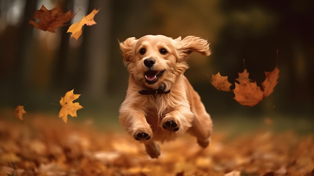 Um cachorro pula no ar com folhas caindo sobre ele