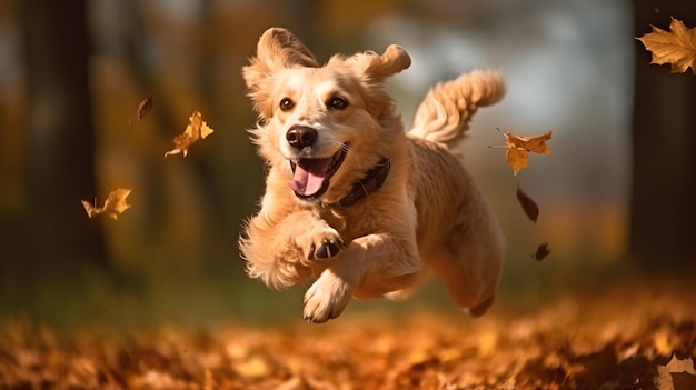 Um cachorro pula no ar com folhas caindo sobre ele