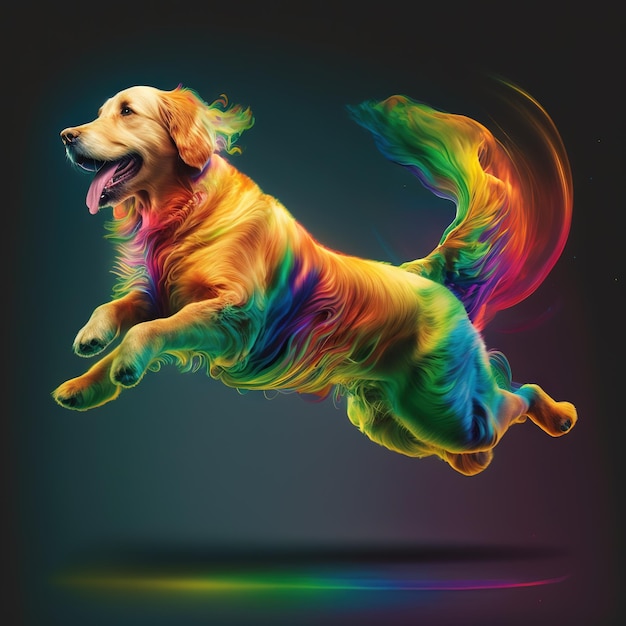 um cachorro pulando de felicidade com as cores do arco-íris.