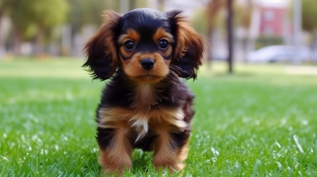 Foto um cachorro que está sentado na grama