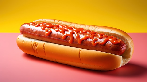 Um cachorro-quente com ketchup e mostarda em um fundo vermelho.