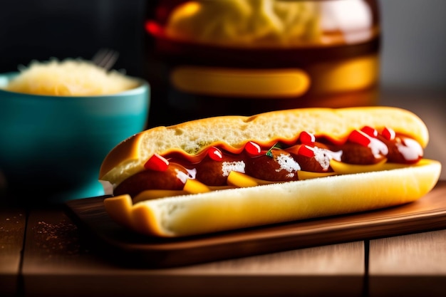 Foto um cachorro-quente com ketchup e mostarda em uma bandeja de madeira.