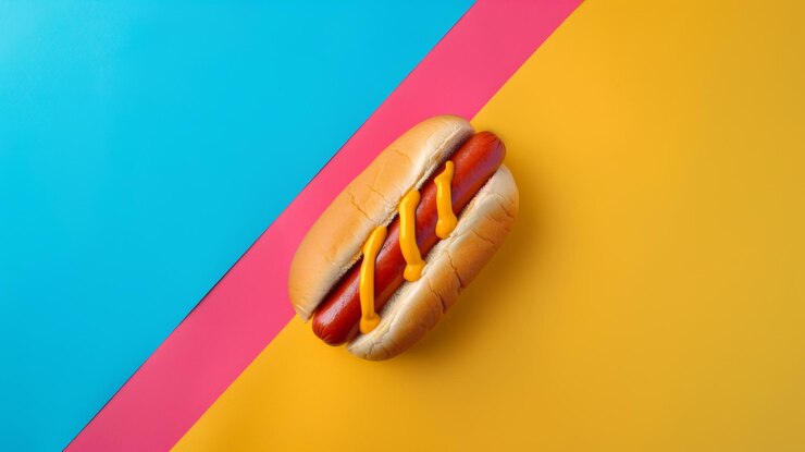 Foto um cachorro-quente com mostarda e ketchup está em uma mesa rosa e azul