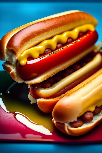 Um cachorro-quente com mostarda e ketchup