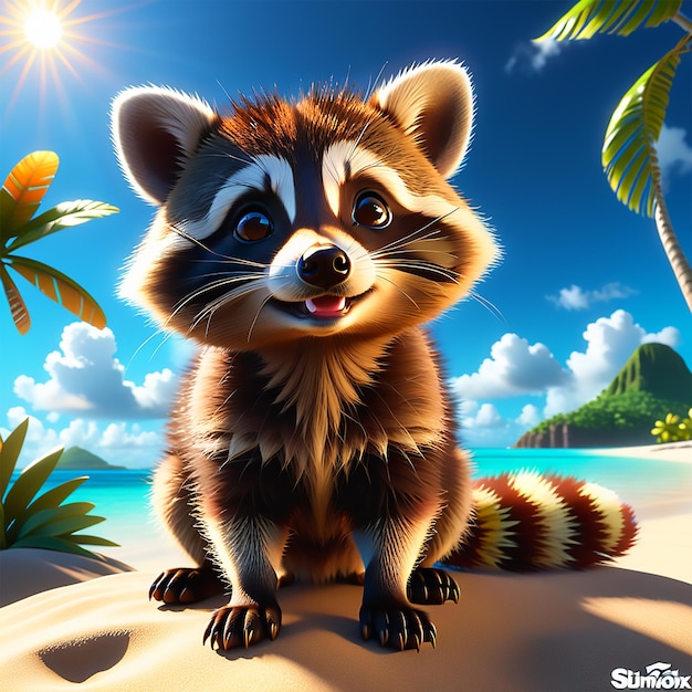 um cachorro raccoon bebê em uma ilha tropical céu realista com nuvens fofinhas banhadas no feliz ensolarado