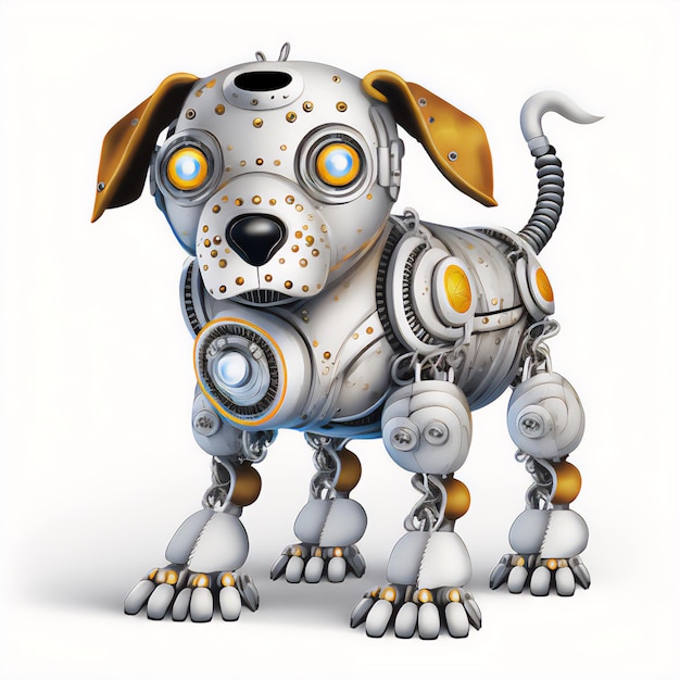 Um cachorro robô sentado calmamente é ilustrado contra um fundo branco nesta peça