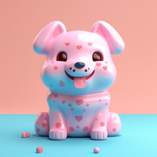 Um cachorro rosa com corações está sentado em um fundo azul e rosa.