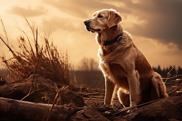 Um cachorro senta em um tronco e olha para a câmera.