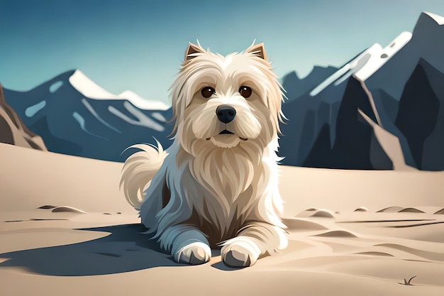 um cachorro senta na areia em frente a algumas montanhas.