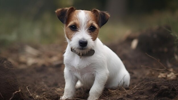 Um cachorro senta na terra e olha para a câmera.