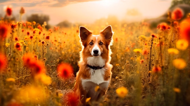 Um cachorro sentado em um campo de flores Generative AI