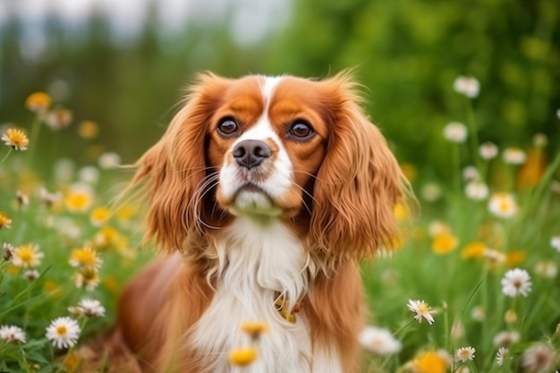 Um cachorro sentado em um campo de flores