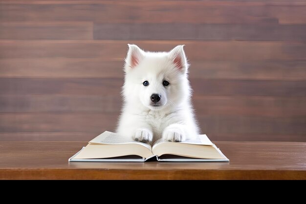 um cachorro sentado em um livro