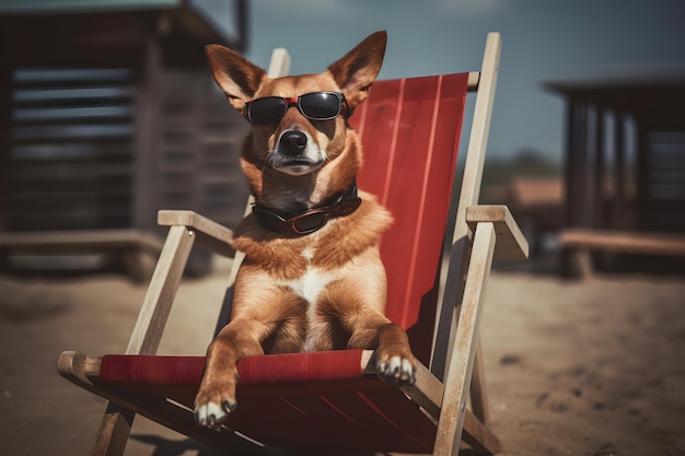 Um cachorro sentado em uma cadeira de praia usando óculos escuros