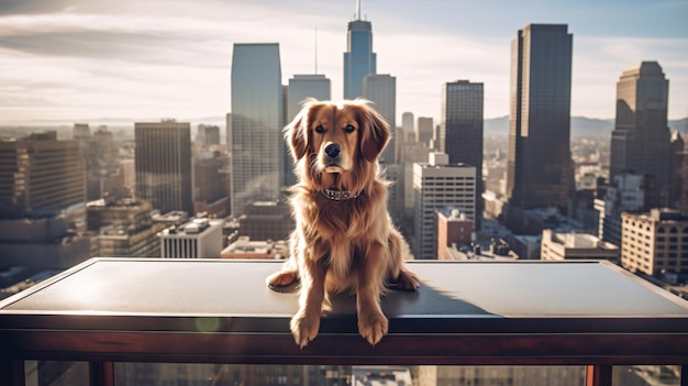 um cachorro sentado em uma mesa em frente a uma cidade