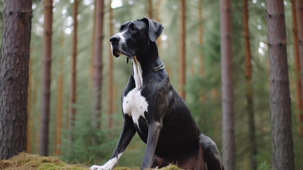 Um cachorro sentado em uma pedra na floresta