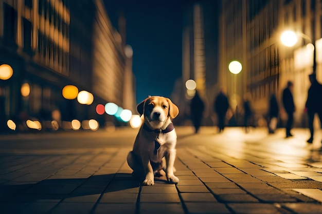 um cachorro sentado na calçada da cidade à noite.