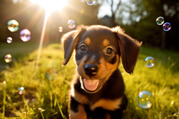 um cachorro sentado na grama com bolhas no ar