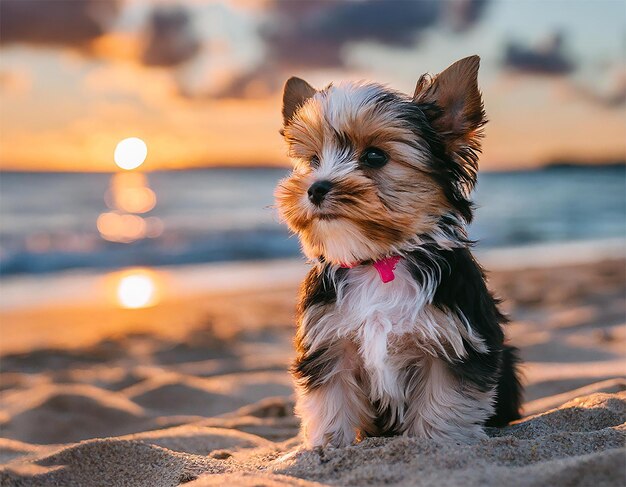 Um cachorro sentado na praia olhando para longe com um pôr-do-sol perfeito na parte de trás