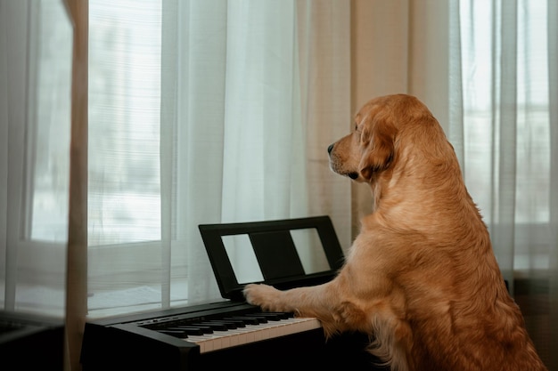 Um cachorro tocando um sintetizador musical Golden Retriever olhando pela janelaxA