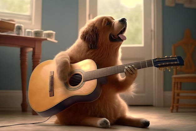 Um cachorro tocando violão está sentado no chão.