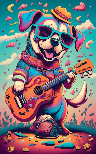 Um cachorro tocando violão