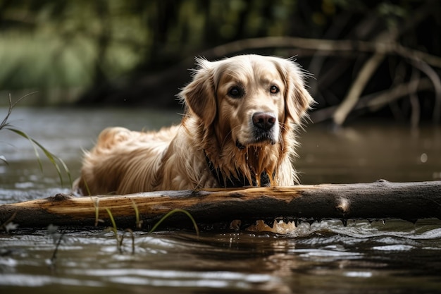 Um cachorro, um golden retriever, está brincando no rio com um pedaço de madeira