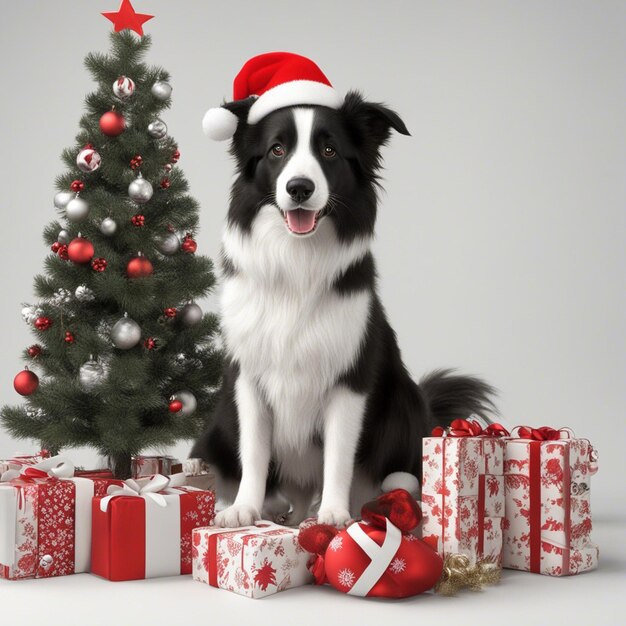 Um cachorro usando chapéu de Papai Noel com árvore de Natal e caixas de presente em fundo branco