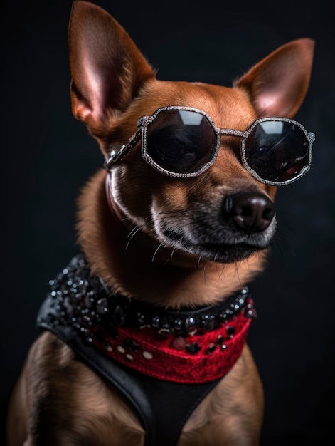 Um cachorro usando óculos escuros e um lenço vermelho