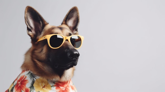 Um cachorro usando óculos escuros e uma camisa que diz 'eu amo cachorros'