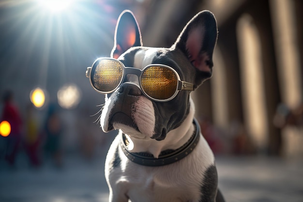 Um cachorro usando óculos escuros e uma coleira com a palavra French