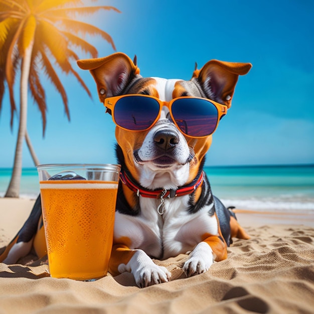 Um cachorro usando óculos escuros está bebendo uma bebida no fundo da praia ai generativa