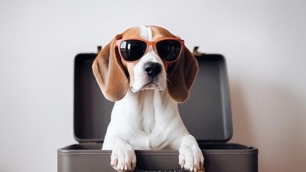 Um cachorro usando óculos escuros está sentado em uma mala.