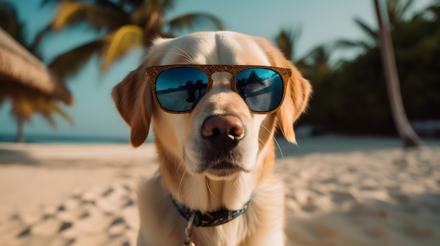 Um cachorro usando óculos escuros senta-se na praia.