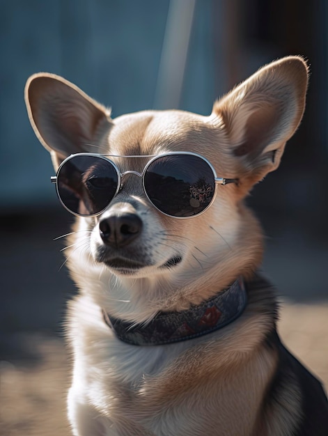 Um cachorro usando óculos escuros