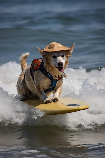 Um cachorro usando um arnês e um chapéu monta uma prancha de surf em uma onda.