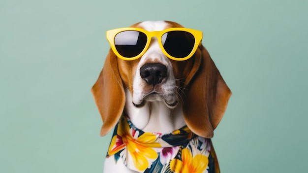 Um cachorro usando um cachecol floral e óculos de sol