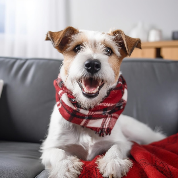 Um cachorro usando um cachecol que diz eu amo cachorros nele