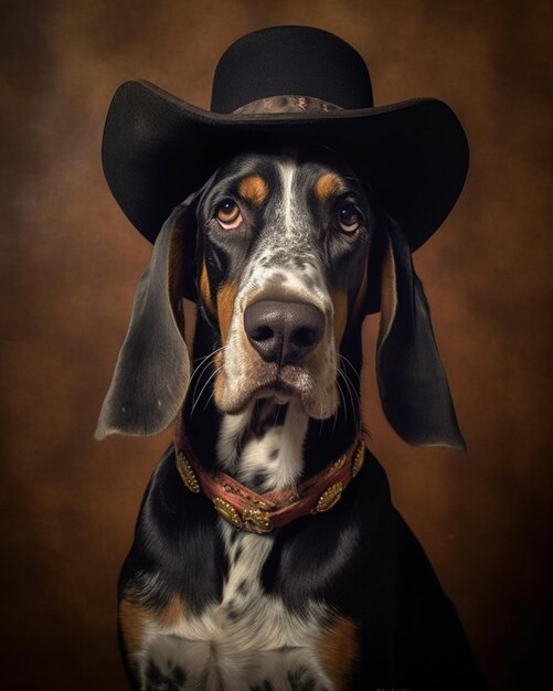 Um cachorro usando um chapéu de cowboy e um chapéu de cowboy preto