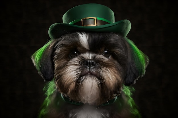 Um cachorro usando um chapéu de duende verde