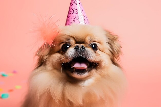 Um cachorro usando um chapéu de festa com um chapéu de festa rosa.