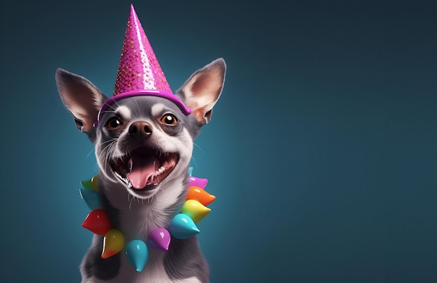 Um cachorro usando um chapéu de festa com uma coleira da cor do arco-íris.
