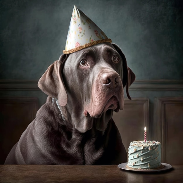 Um cachorro usando um chapéu de festa com uma vela nele