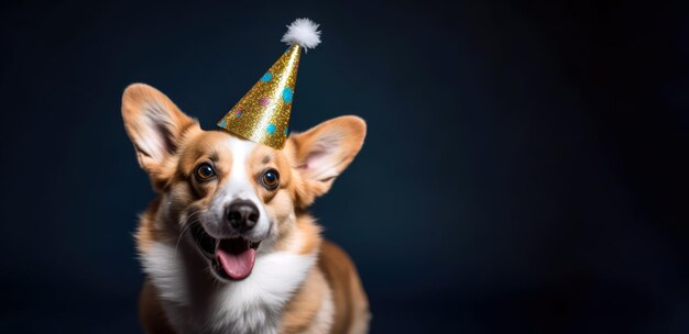 Um cachorro usando um chapéu de festa que diz 'corgi'on it