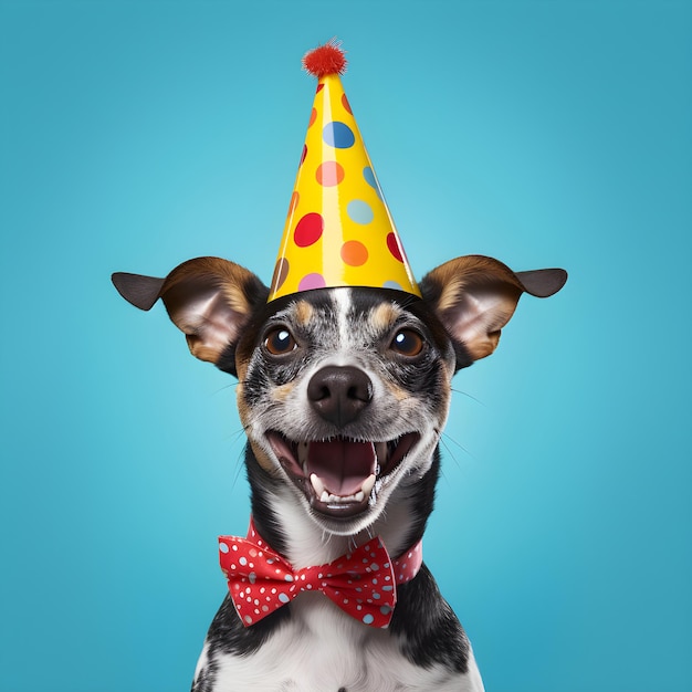 Um cachorro usando um chapéu de festa que diz feliz aniversário.
