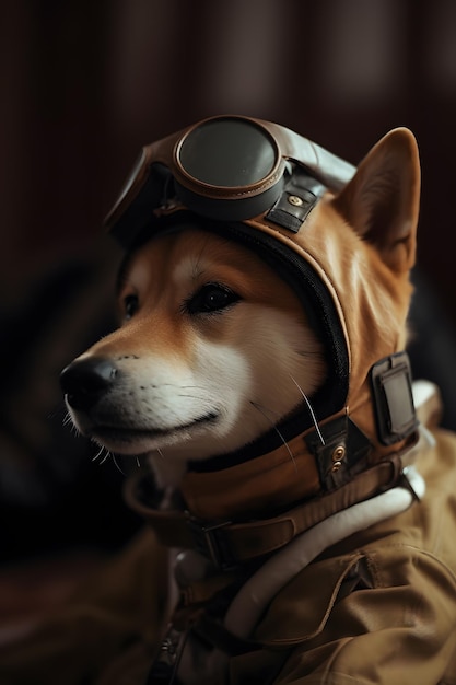 Um cachorro usando um chapéu de piloto e um capacete que diz 'eu sou um piloto'