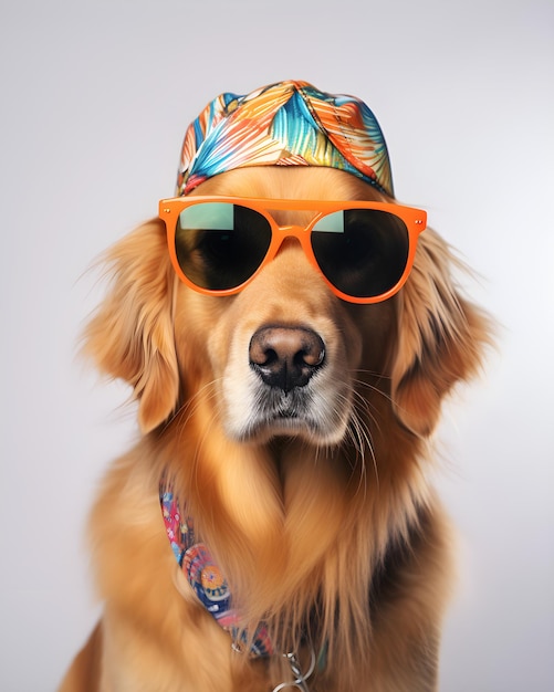 Um cachorro usando um chapéu e óculos escuros.