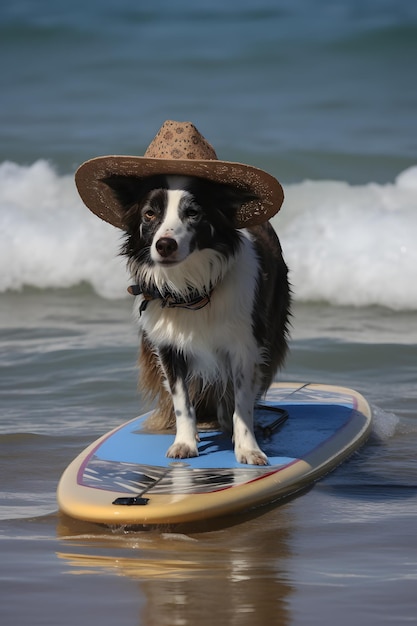 Um cachorro usando um chapéu em uma prancha de surf com a palavra "surf" nela.