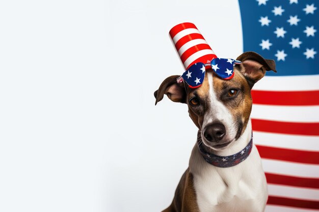 Foto um cachorro usando um chapéu patriótico com a bandeira americana ao fundo.