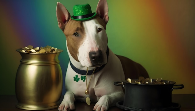 Um cachorro usando um chapéu verde e um chapéu verde está sentado ao lado de um pote de ouro.